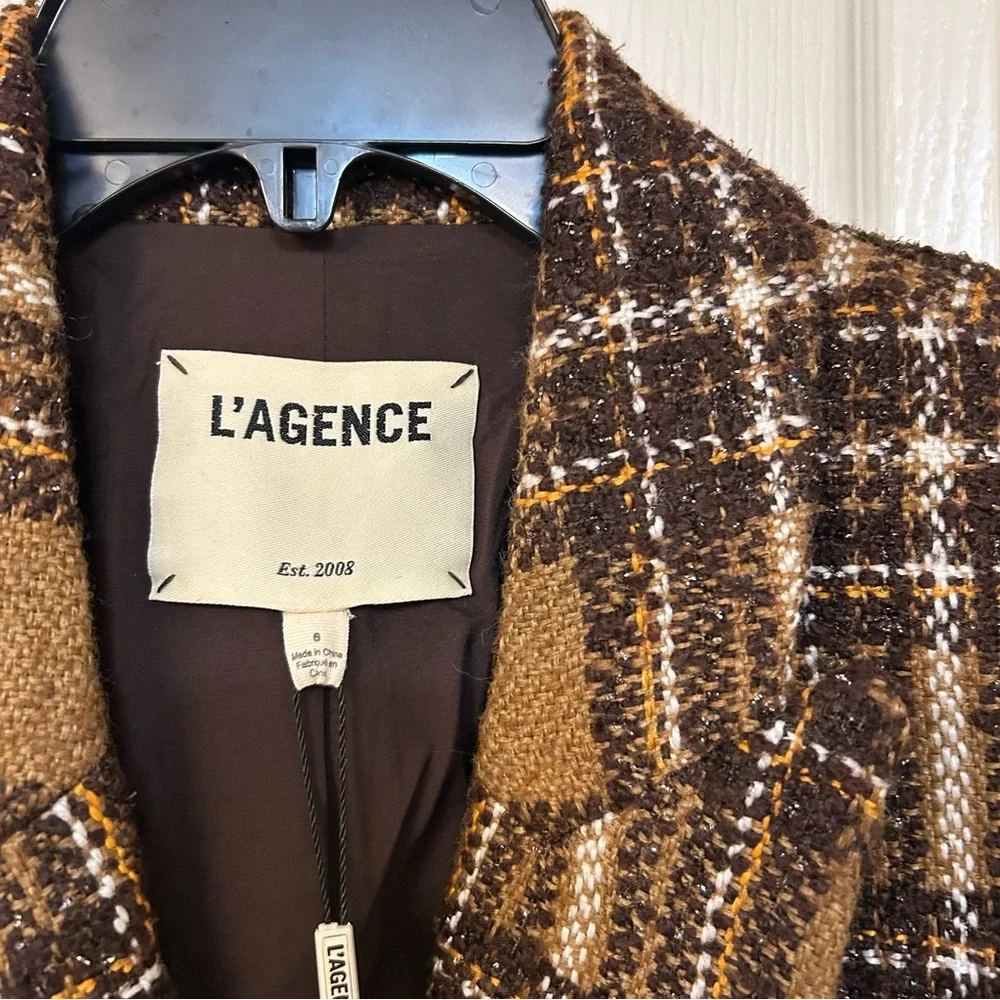 L'AGENCE Kenzie Plaid Tweed Double-Breasted Blazer in Brown / Gold Size 6 - Picture 13 of 15